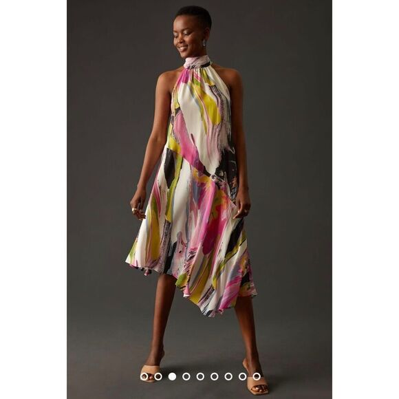 - Anthropologie Silk Halter Midi Dress Size XS - Picture 1 of 9